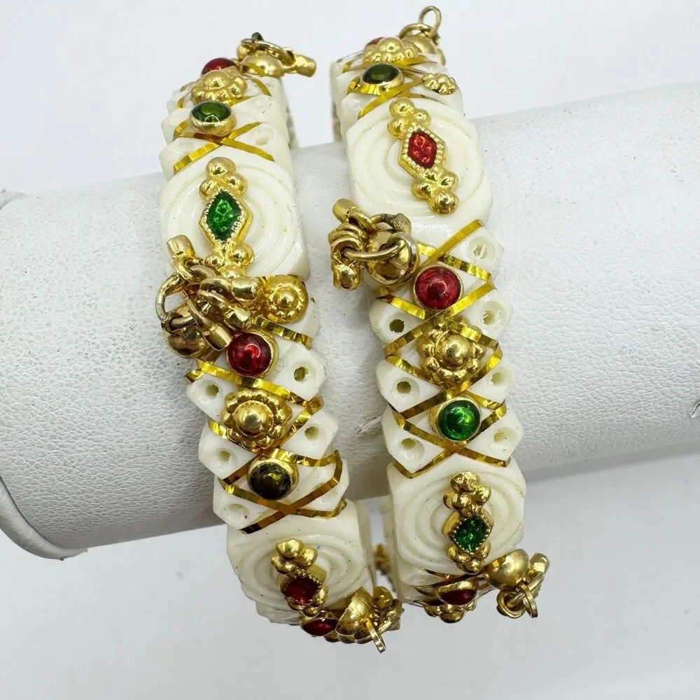 Traditional Indian Bridal Bangle Bracelets White Gold  Colorful Accents Set If 2
